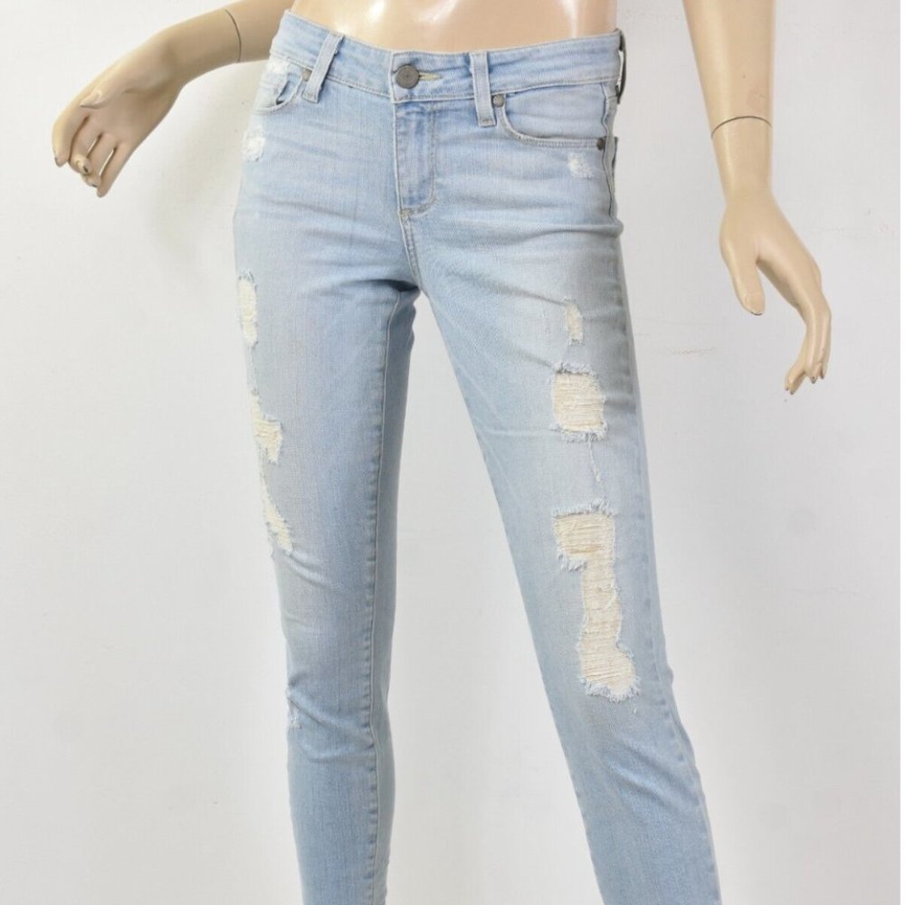 PAIGE Naomi Destructed Light Blue Wash VERDUGO CROP Ripped Skinny Jeans
